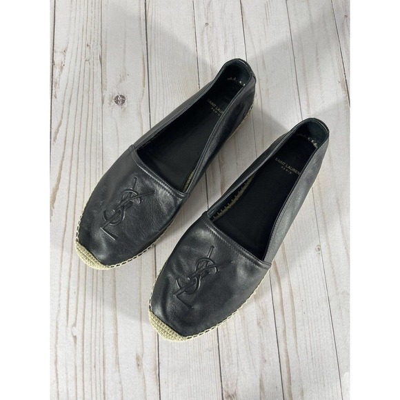 YSL SAINT LAURENT WOMEN’S LOGO ESPADRILLE BLACK LEATHER SZ-10 US/40 EU $650 - Picture 5 of 12
